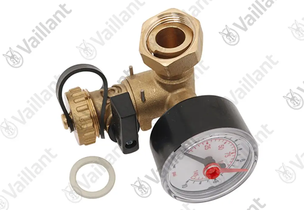 Vaillant Manometer mit Druckanzeige und Anschlussstück, ausgestattet mit einer Druckregelung, zur Messung des Drucks in Heizungs- oder Wassersystemen.